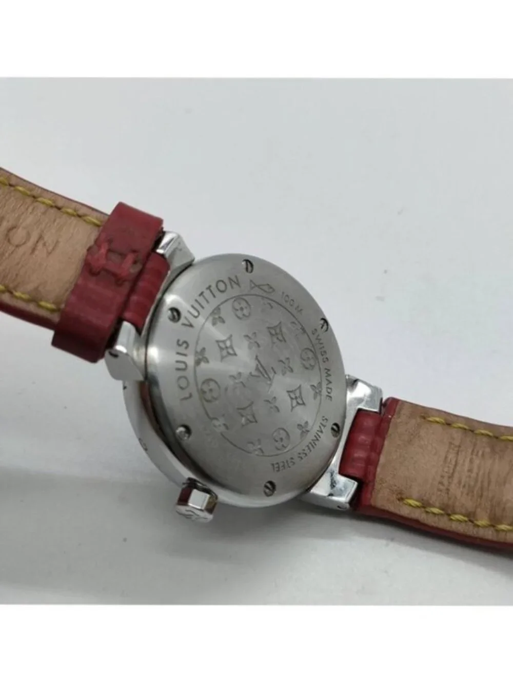 Authentic Louis Vuitton Tambour Black Dial Red Leather Strap Swiss Quartz